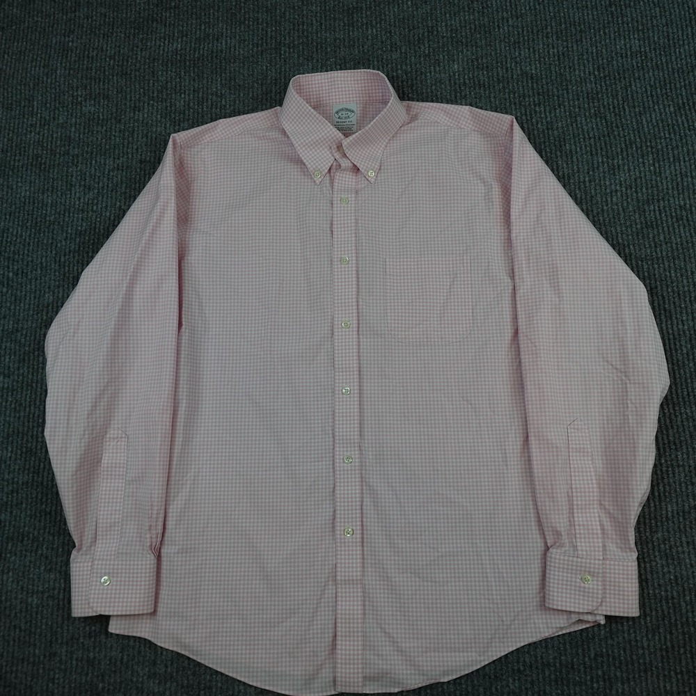 Brooks Brothers Shirt Mens 16 34/35 Pink Gingham Regent Fit Non Iron Stretch